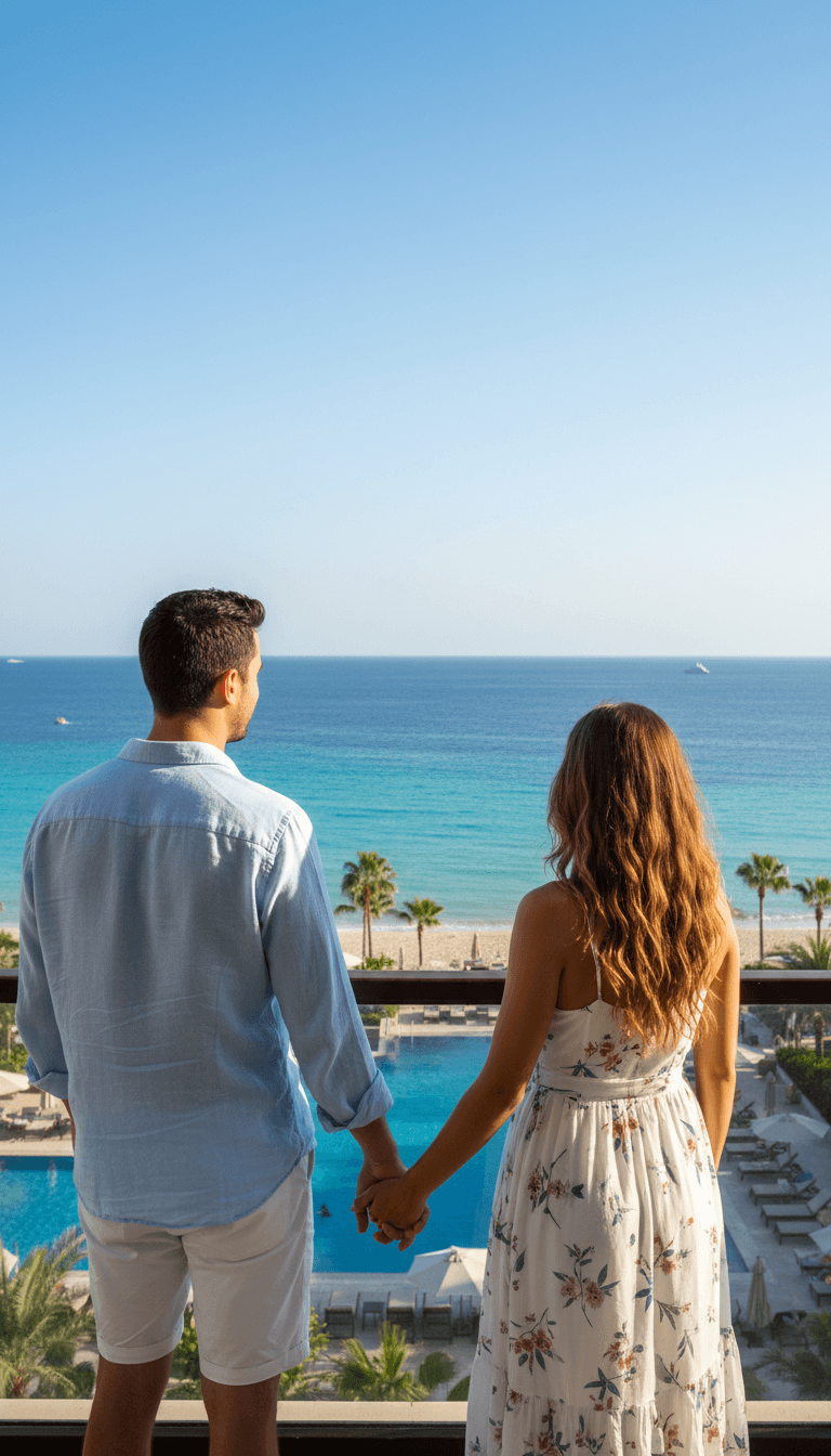 Couple on a balcony overlooking a turquoise ocean