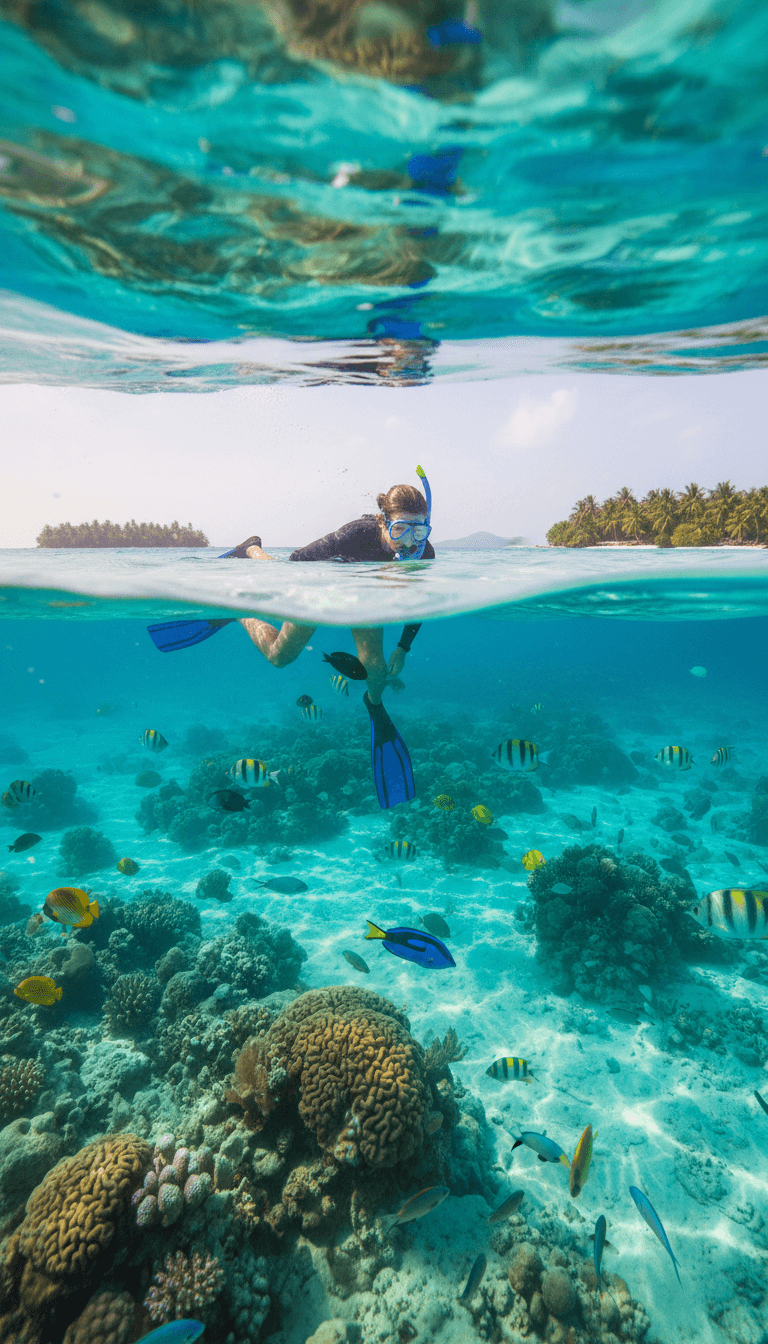 Snorkeling in crystal clear water surrounded by fish
