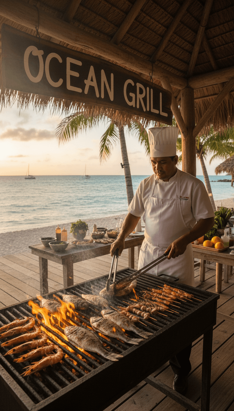 Chef grilling fresh seafood at a beachside restaurant