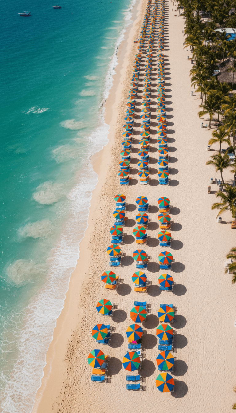 Aerial view of colorful umbrellas and lounge chairs on the coast