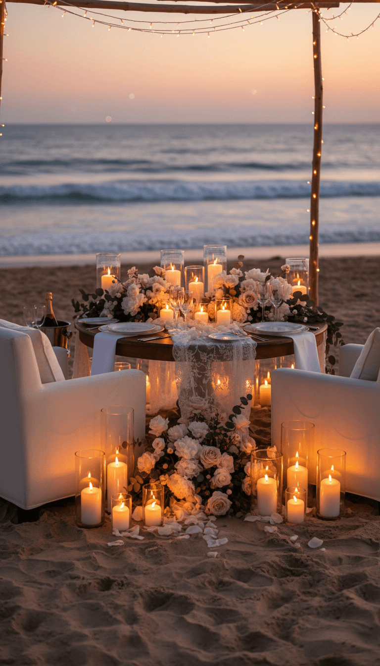 Romantic private dinner table set on the sand