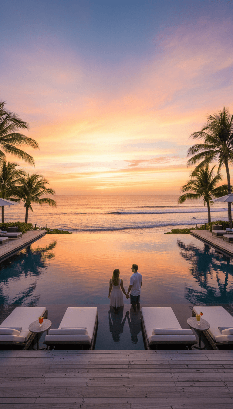 Resort infinity pool overlooking the ocean at golden hour