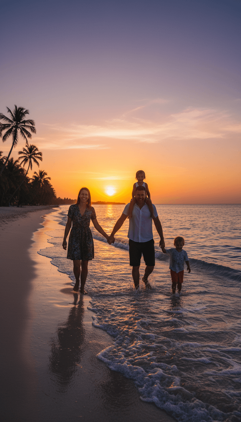 Family walking on a sunny beach with soft waves