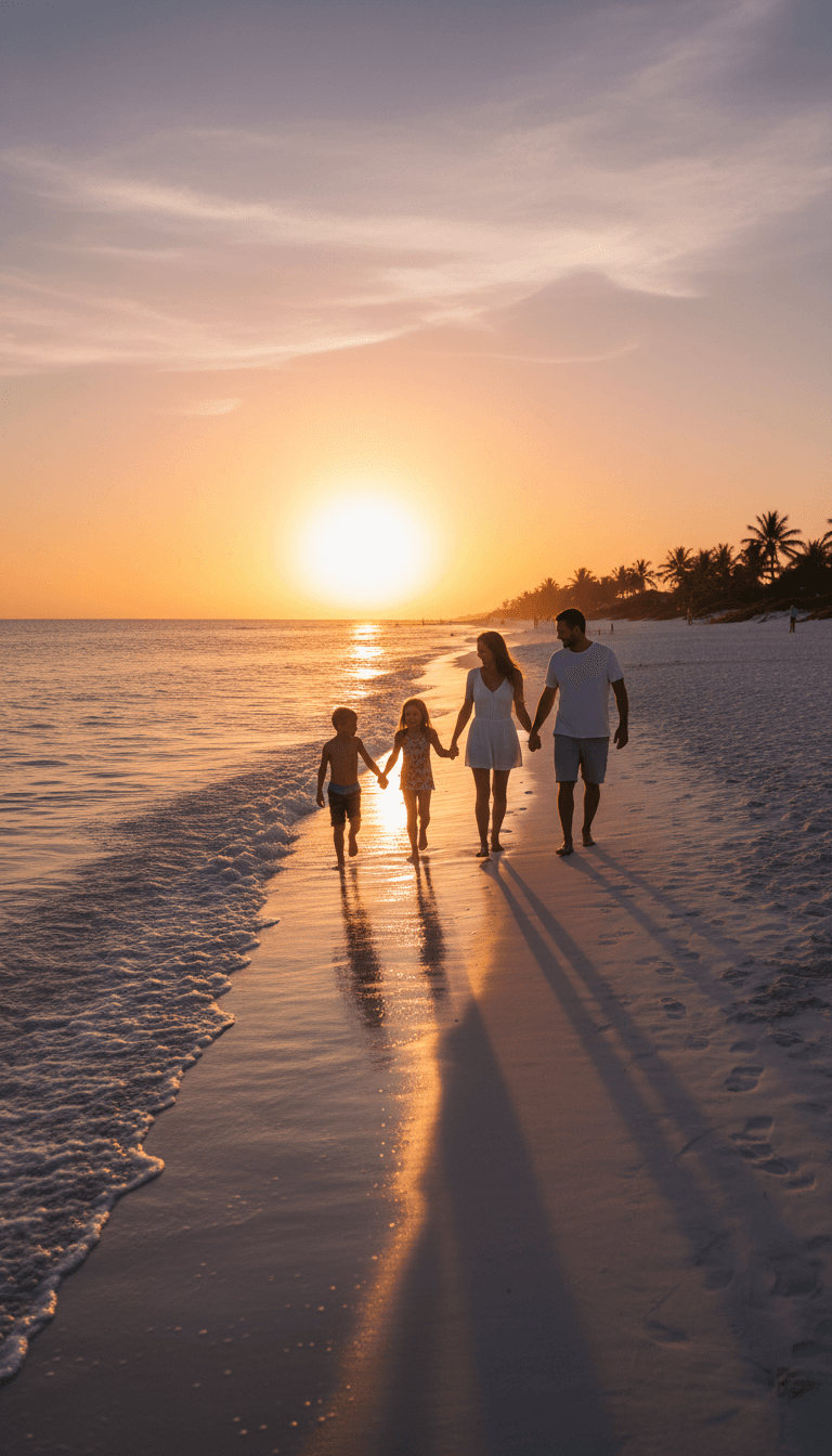 Family walking along a white sand beach at sunset