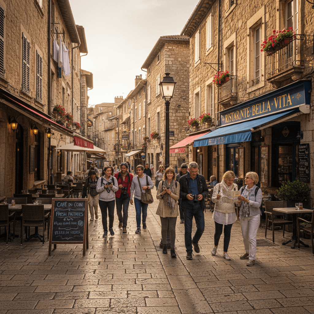 Tourists walking through a charming historic European street with cafes