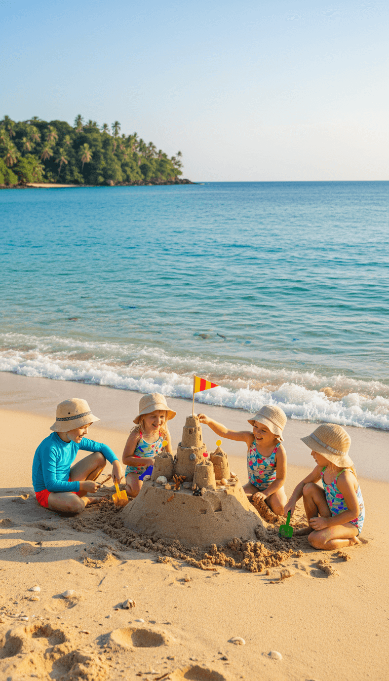 Children building a sandcastle on a tropical beach