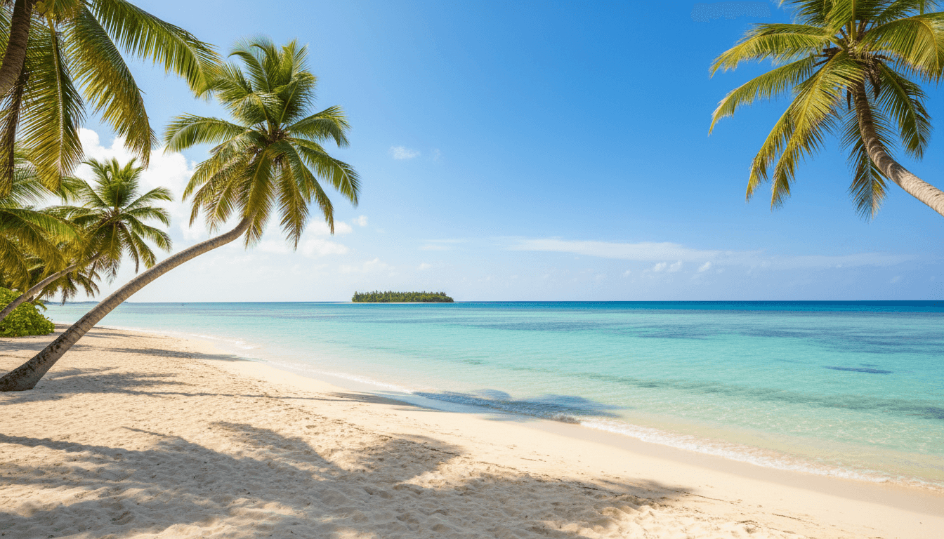 Tropical beach with turquoise water, palm trees, and a bright sunny sky