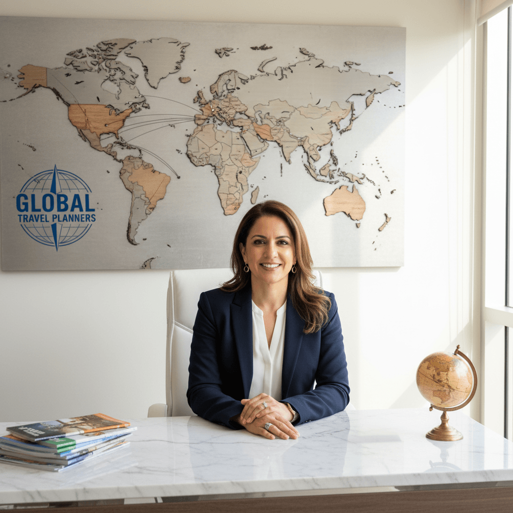 Travel advisor smiling in bright sunny travel agency office with world map on wall