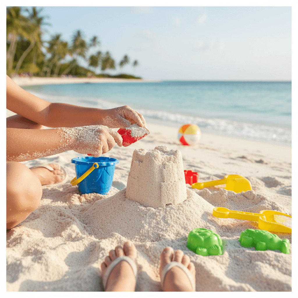 Happy family playing together on a sunny beach with children building a sandcastle
