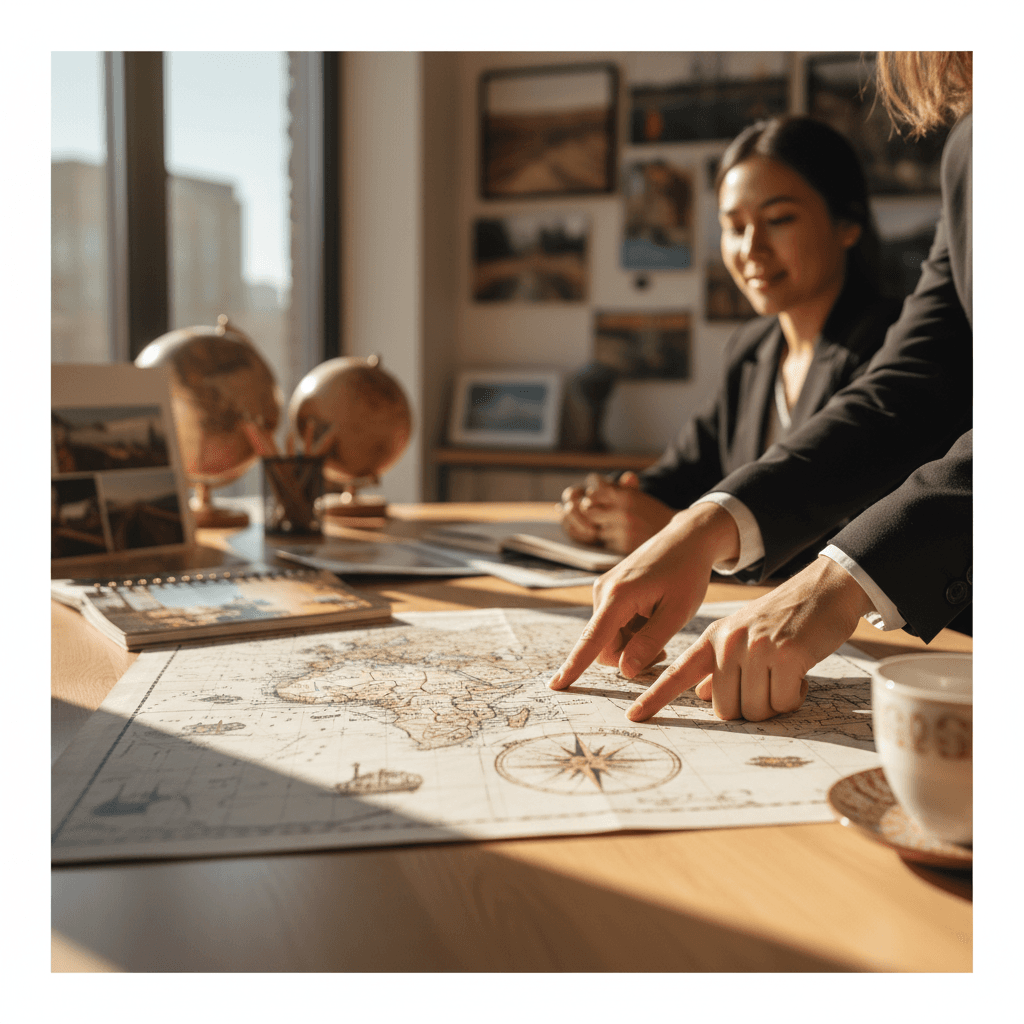 Travel advisor consulting with a client over maps and brochures
