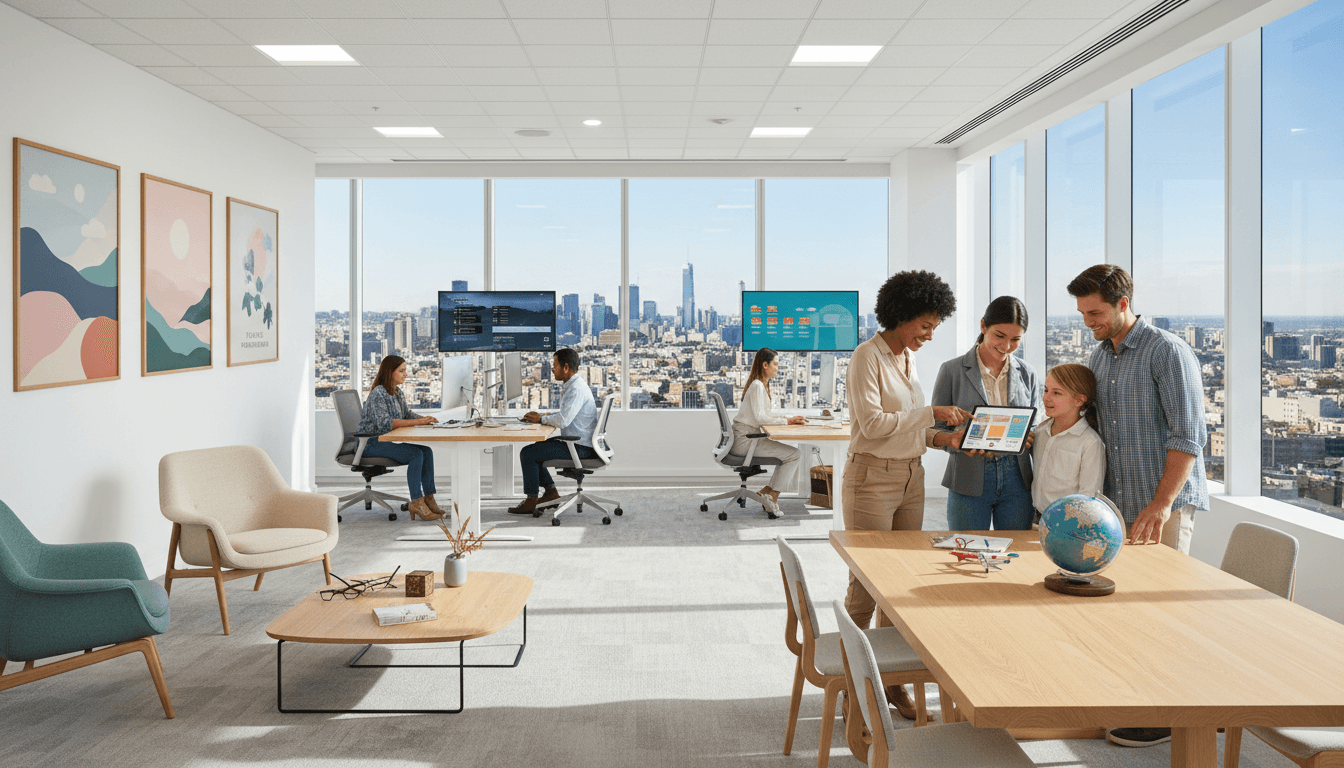 woman travel advisor smiling in bright sunny travel agency office with world map on wall
