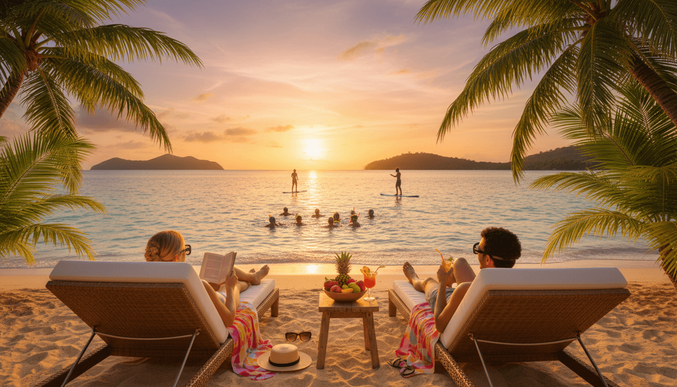 Serene tropical beach with gently swaying palm trees and calm turquoise water at sunset